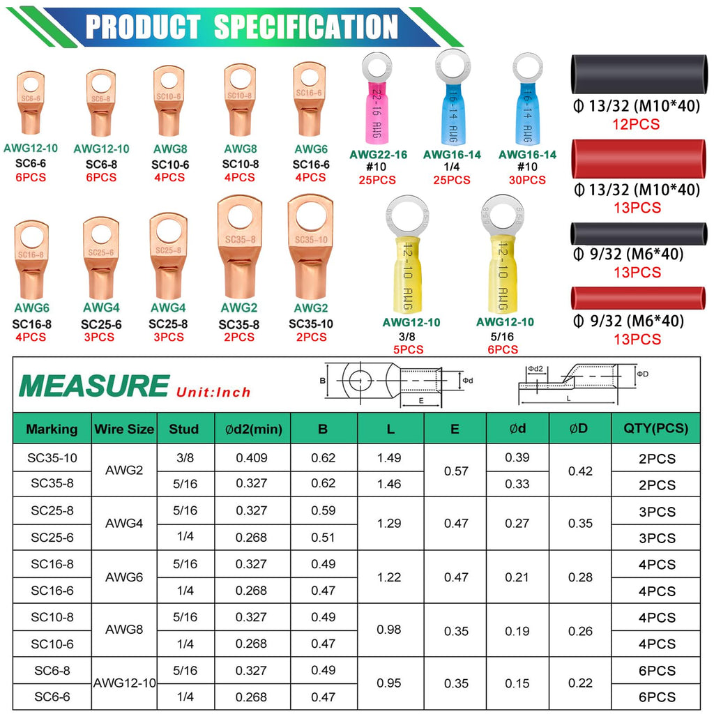Twidec/180PCS Battery Cable Ends AWG 2 4 6 8 10 12 14 16 Gauge Copper Cable Wire Lugs,Ring Terminals Connectors,Copper Ring Terminals Connectors with Heat Shrink N-105-180PCS