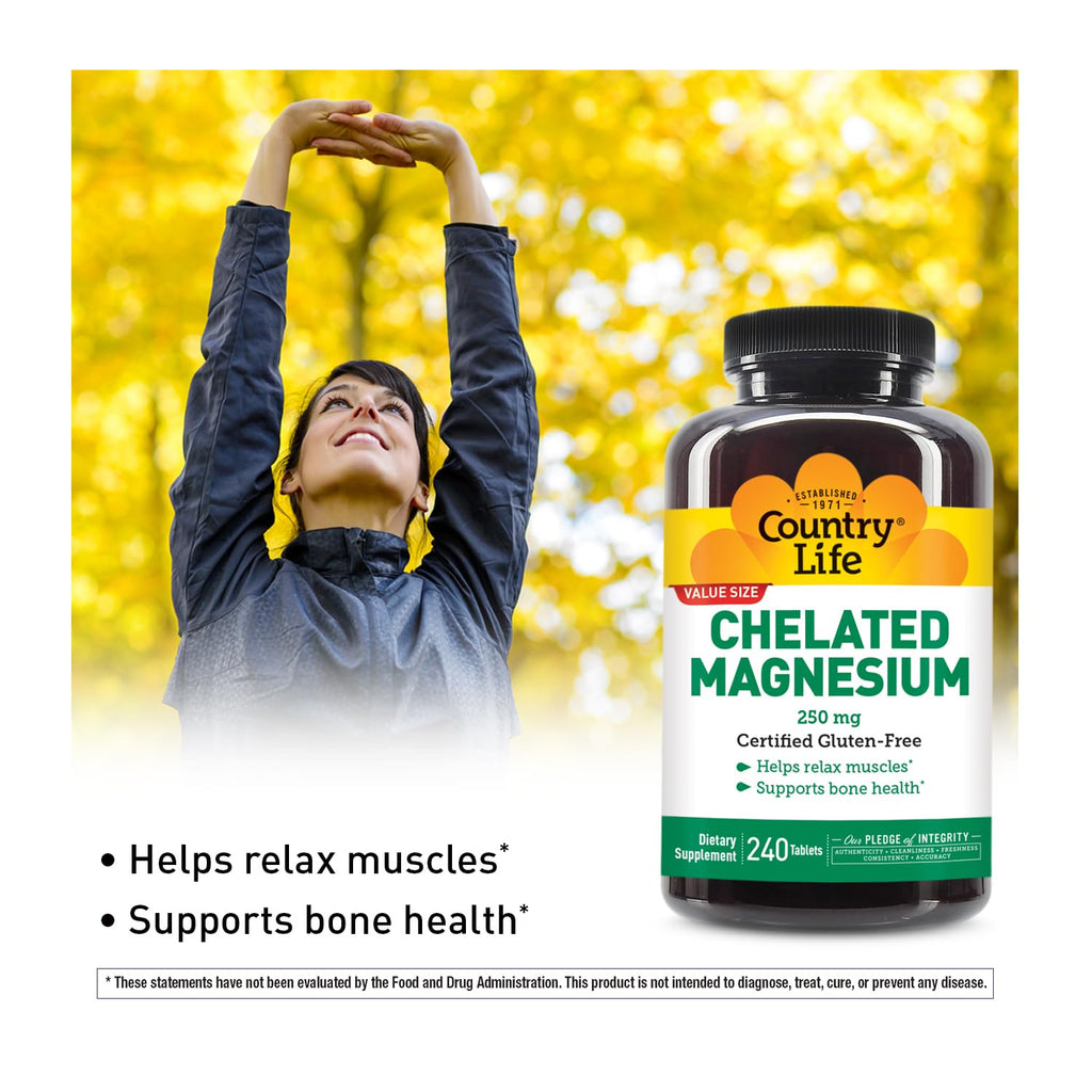 Country Life, Chelated Magnesium 250mg, Supports Bone and Immune Health, Daily Supplement, 240 ct