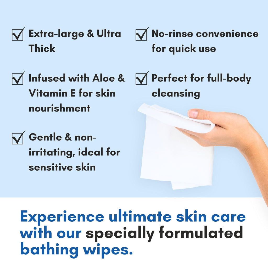 Nurture Rinse Free Bathing Wipes for Adults w/Aloe | Waterless Cleansing for sensitive skin | Disposable Adult Body Bath Wet Wipe for Disabled Bedridden | 64 wipes