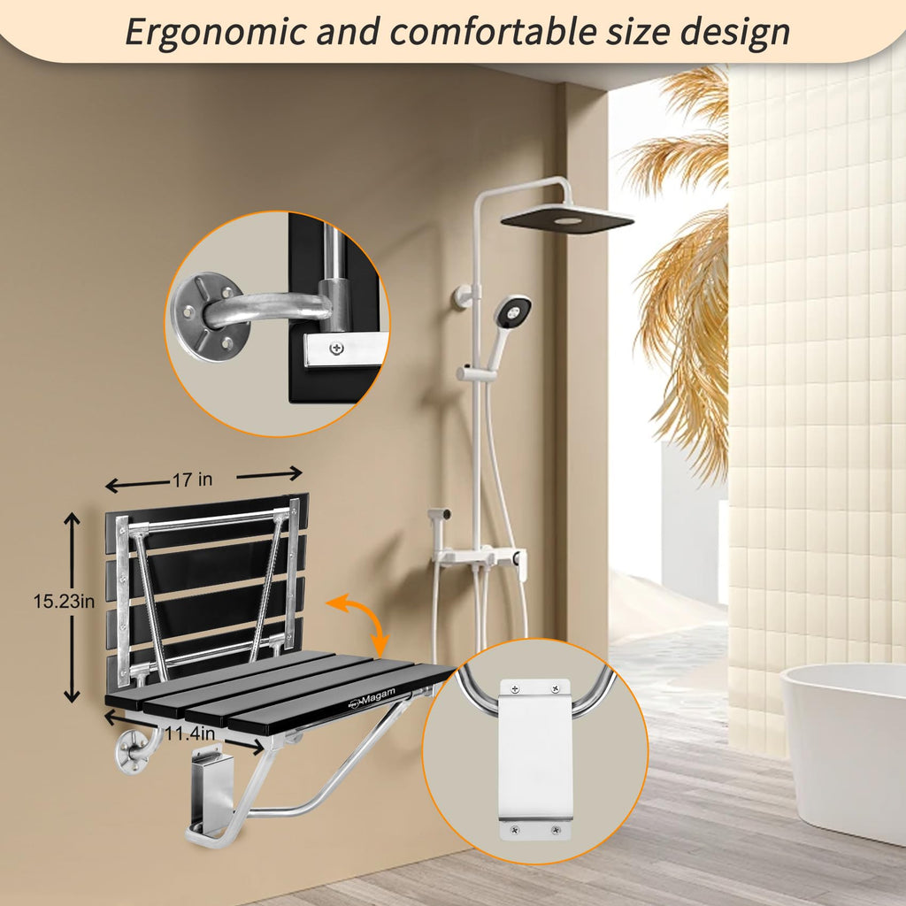 17 Inchs Folding Shower Seat Wall Mounted, Foldable Shower Bench for Small Spaces, 400lb Capacity (Black)