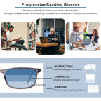Superior Extremely Light Progressive Multifocus Reading Glasses Men, Skyoak Aluminum Arm TR90 Frame Blue Light Blocking Multifocal Computer Readers Spring Hinge No Line (for Mid-Near Range approx 3ft)