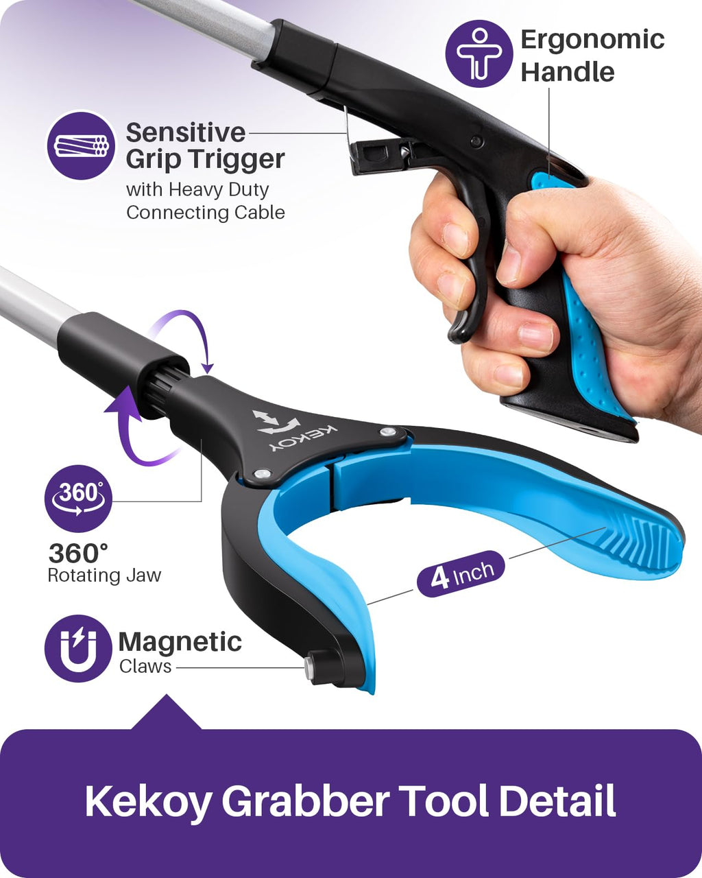 Kekoy 36 Inch Grabber Reacher Tool for Seniors 2 Pack, Foldable Reacher Grabbers Pickup Stick with Anti-Slip 360° Rotating Jaw, 4" Wide Extended Claw with Magnet for Disabled, After Surgery Recovery