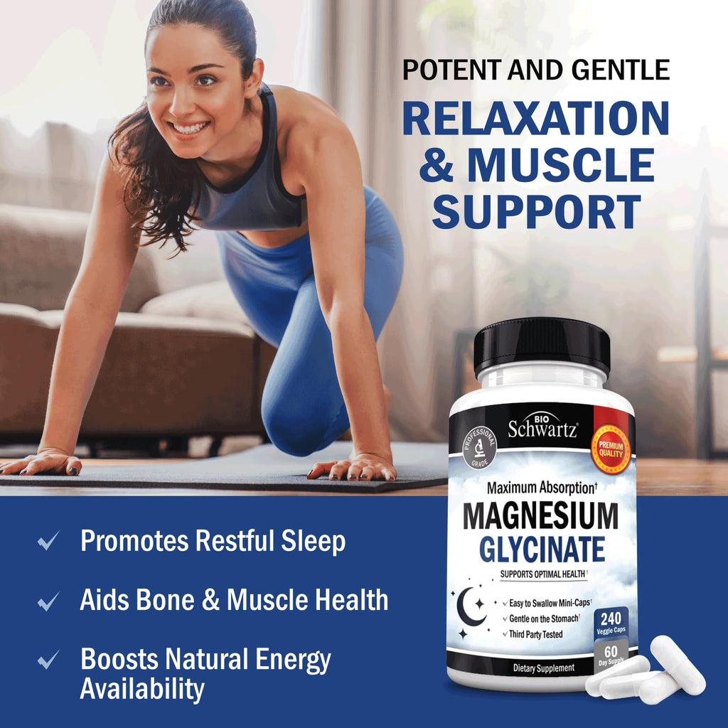 BioSchwartz Magnesium Glycinate 500mg Capsules (240 Mini Caps) Maximum Absorption Magnesium Supplement for Healthy Nerves Muscles Heart Mood and Sleep Support (Vegan, Gluten-Free, Non-GMO)