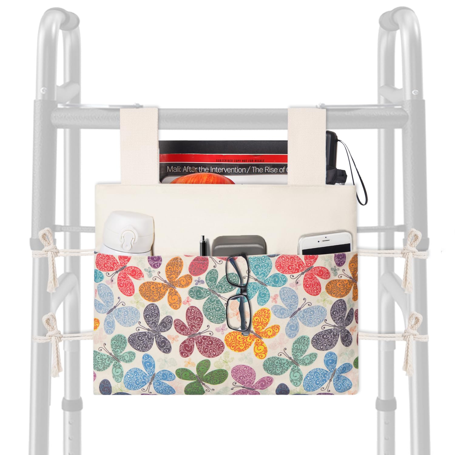 TOGETRUE Walker Bag, Handy Walker Basket with Water Cup Holder, Walker Accessories Storage Bag for Folding Walker, Wheelchairs, Strollers, 15"x11.5" (Butterfly)