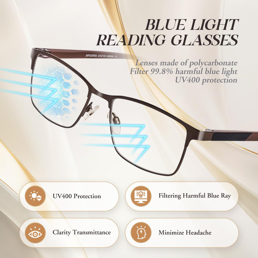 DJOLENSA 3 Pack Reading Glasses Men, Blue Light Blocking Reading Glasses 2.0, Anti Eyestrain/Glare/UV, Metal Frame Spring Hinge Computer Readers with Pouches (2.0+)