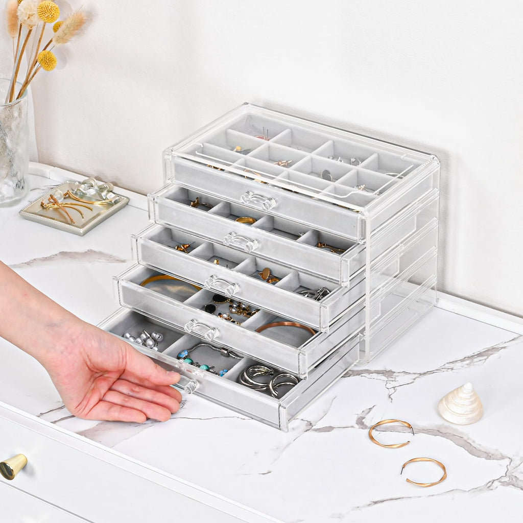 ProCase Earring Holder Organizer Jewelry Box with 5 Drawers, Grey