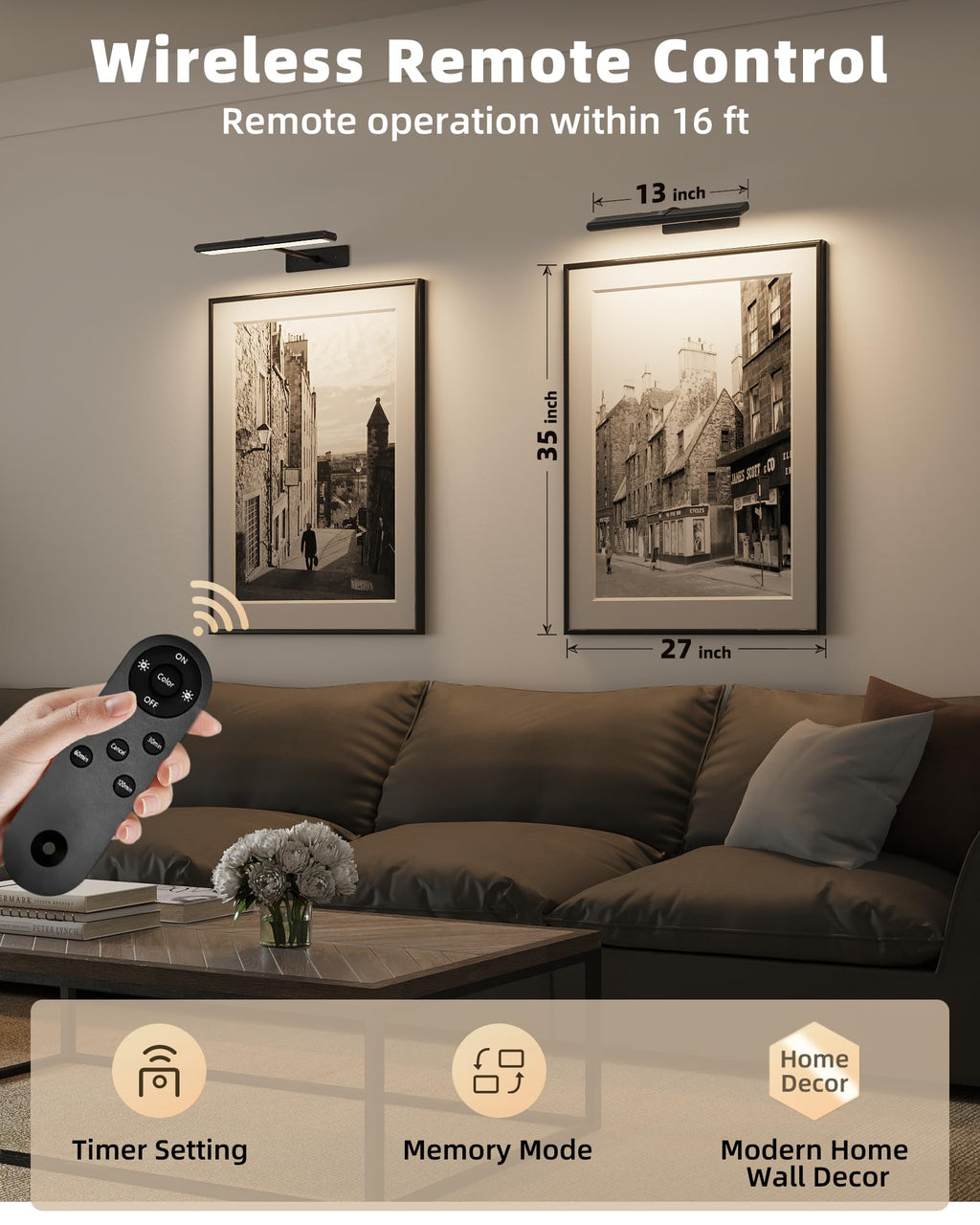 EZVALO Picture Light for Wall, 13'' Black Rechargeable 4800mAh Battery Lights Wireless with IR Remote, Magnetic LED Art Painting Light with 3 Color Temperatures, Display for Gallery, Living Room