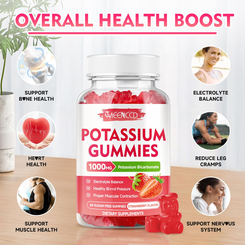 2 Pack Potassium Gummies 1000mg, Potassium Bicarbonate Supplement for Adults & Kids, Potassium Supplement for Electrolyte Balance & Muscle Heath, Sugar-Free, Strawberry Flavor, 120 Count