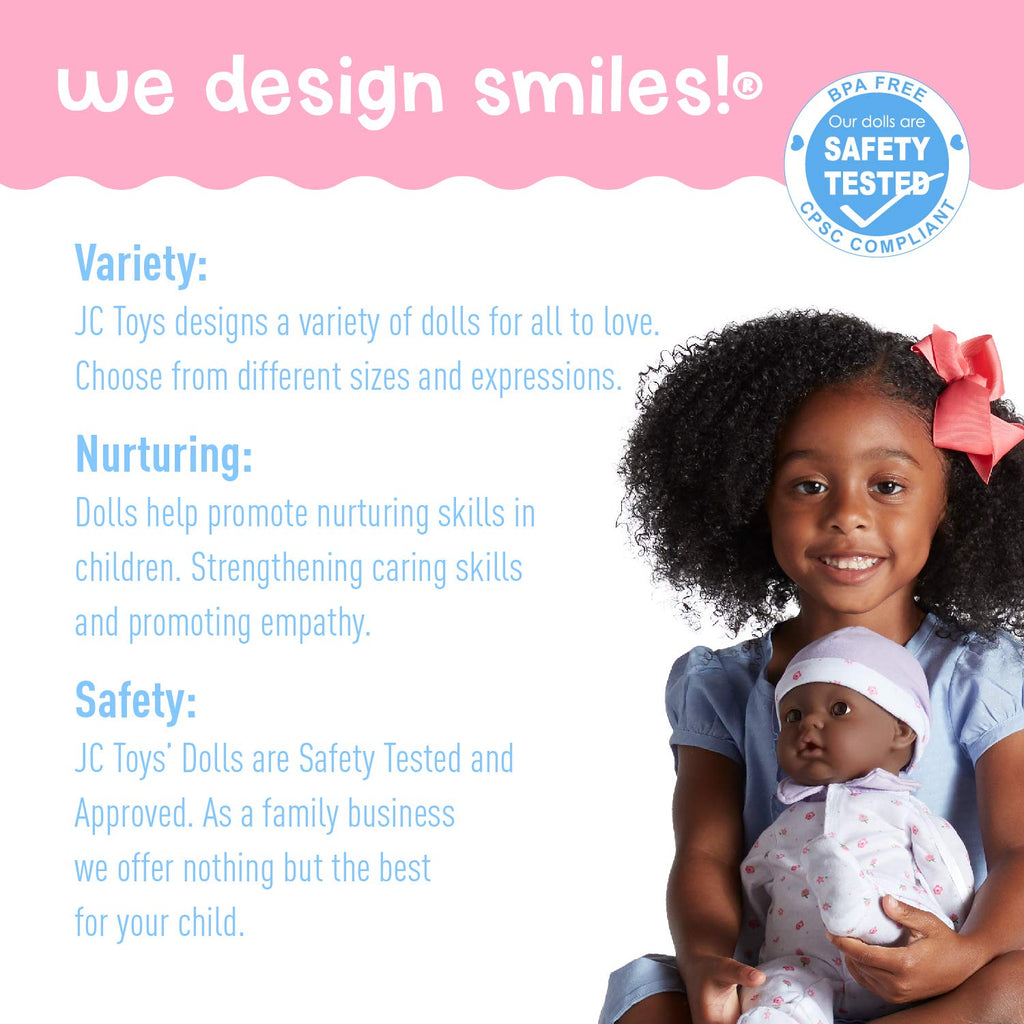 JC Toys African American 16-inch Medium Soft Body Baby Doll La Baby | Washable |Removable Purple Outfit w/ Hat and Pacifier | for Children 12 Months +, 16 inches