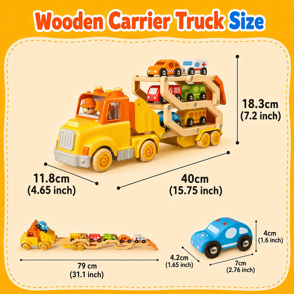 Toddler Toys for 2 3 4 5 Years Old Kids, Transport Car Carrier Truck Toy with 6 Wooden Vehicle, 30in Foldable Track Trailer with Light & Sound Effects, Best Gift Choice for Christmas, Birthday
