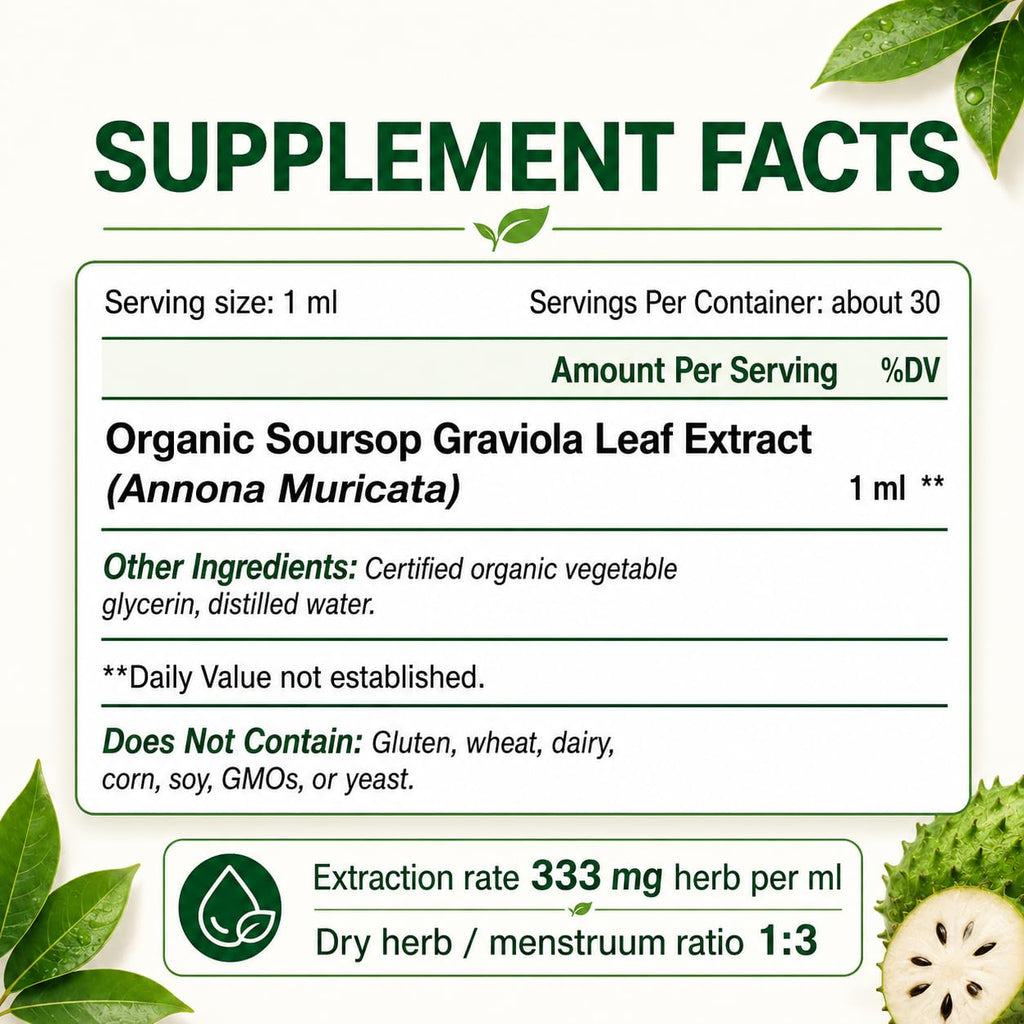 Organic Soursop Graviola Leaf Extract Liquid Drops | Pure Soursop Bitters Liquid for Immune Support | GMP Certified, Vegan, Non-GMO, Gluten Free | 1 Fl Oz