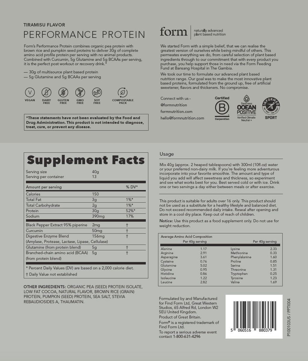 Form Performance Protein - Vegan Protein Powder - 30g of Plant Based Protein per Serving, with BCAAs and Digestive Enzymes. Perfect Post Workout. Tastes Great with Just Water! (Tiramisu)