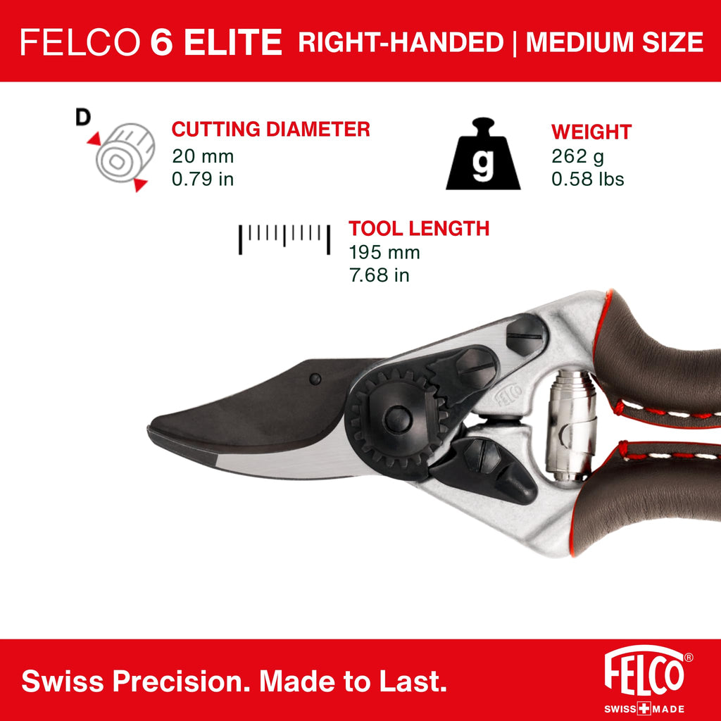 FELCO 6 ELITE Pruning Shears – 7.7" Swiss-Made Garden Clippers with Leather-Wrapped Handle for Medium Right Hands | Hand Pruners for Gardening | Garden Tool Cutter with Bypass Blade, Aluminum Body
