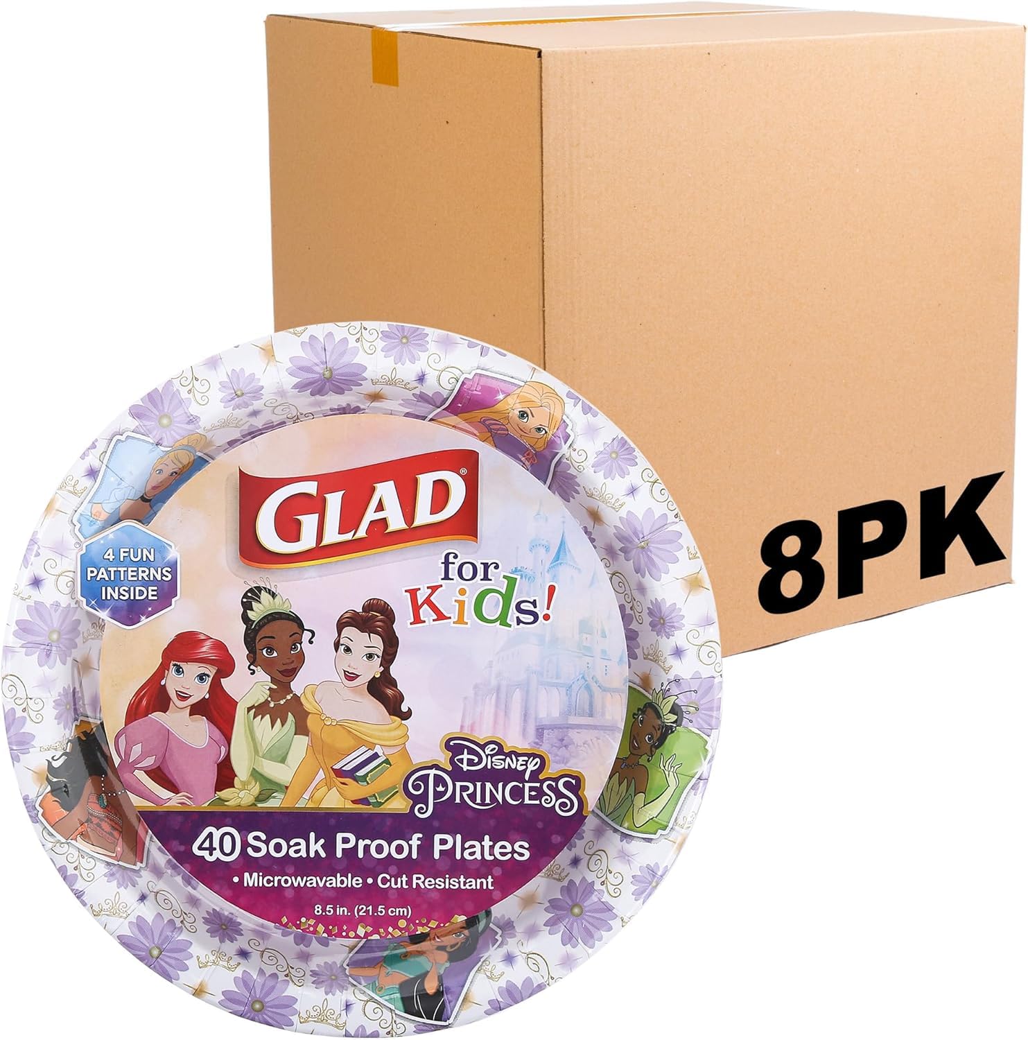 Glad Disney Princess Kids Paper Plates, Heavy Duty Soak Proof Microwavable Cut Resistant Disposable Dinner Snack Plates, 8.5 Inch, 40 Count, 8 Pack Multi-Pack