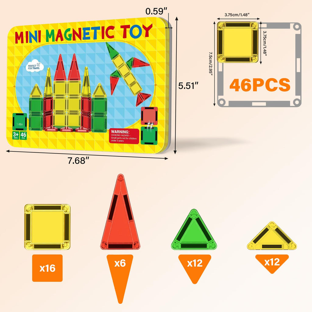 Anyeve Mini Magnetic Tiles, 46PCS Travel Magnetic Tiles with Case, STEM Educational Building Set Construction Toys for Kids Ages 3+, Portable Building Toys for Toddlers, Boys & Girls Birthday Gift
