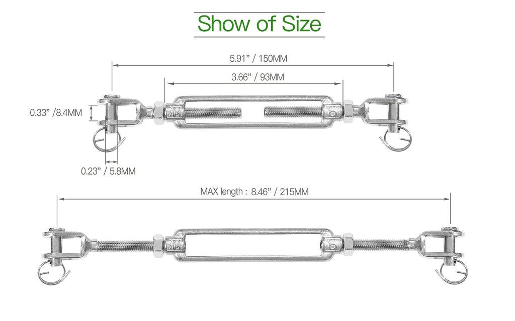 Jamiikury 3PCS M6 Jaw Jaw Turnbuckle Stainless Steel Jaw and Jaw Turnbuckle, Jaw Jaw Closed Body Marine Turnbuckle, Durable for Wire Rope Cable (M6, Jaw & Jaw)