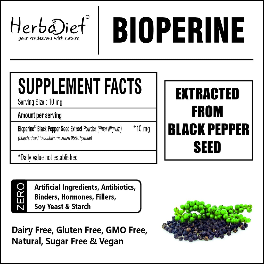 Herbadiet Bioperine Powder | Black Pepper Extract Powder Piperine 95% by HPLC | Bioavailability Enhancer, Boosts Nutrients Uptake | Gluten Free, Non-GMO Bulk Supplement (14 gram/ 0.5 oz)