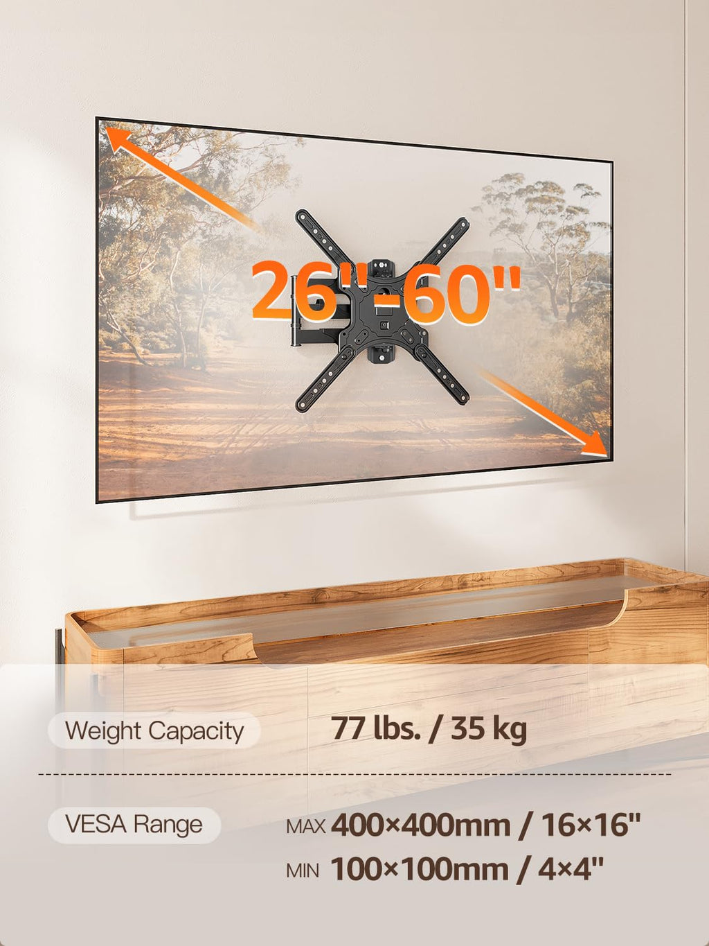 ELIVED Full Motion TV Wall Mount for 26-60" TVs, Max VESA 400x400, 77 lbs.