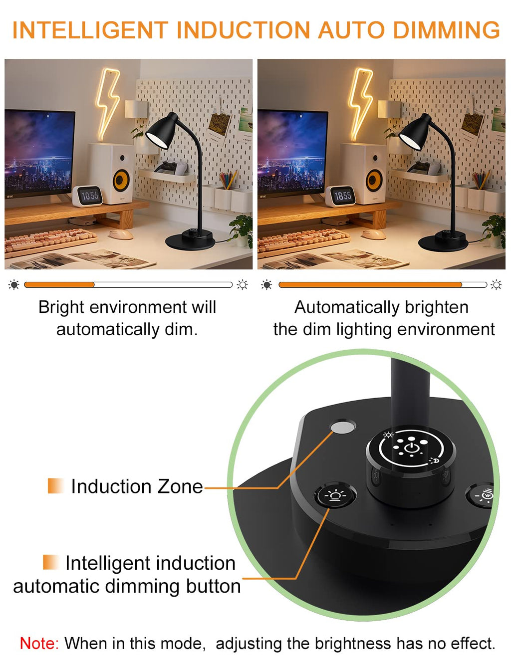 BOHON LED Desk Lamp with USB Charging Port 3 Color Modes Dimmable Reading Light Intelligent Induction Auto Dimming Task Lamp Neck Flexible Table Lamp for Bedside Office, AC Adapter Include