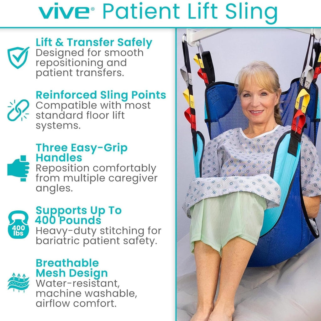 Vive Patient Lift Sling - Full Body Mesh Transfer Sling for Showering & Home Use - Hoyer Lift Pad for Elderly, Disabled, Bariatric - Patient Transfer Assist Device Blanket for Bed Positioning, Lifting