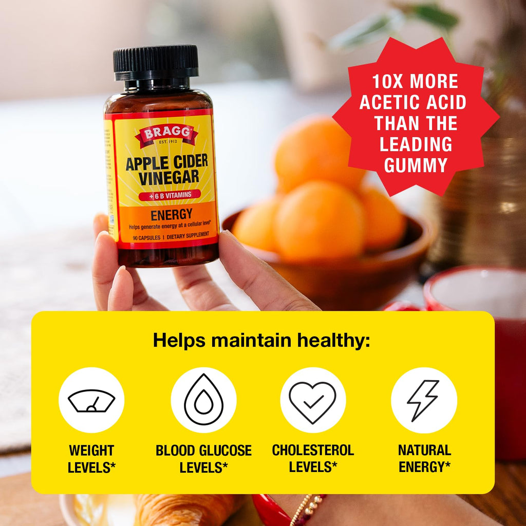 Bragg Energy Apple Cider Vinegar Capsules with B-12 Vitamins - 90 Capsules - Weight Management - Non-GMO, Vegan, Gluten Free, No Sugar - Helps Generate Energy at Cellular Level for Men and Women