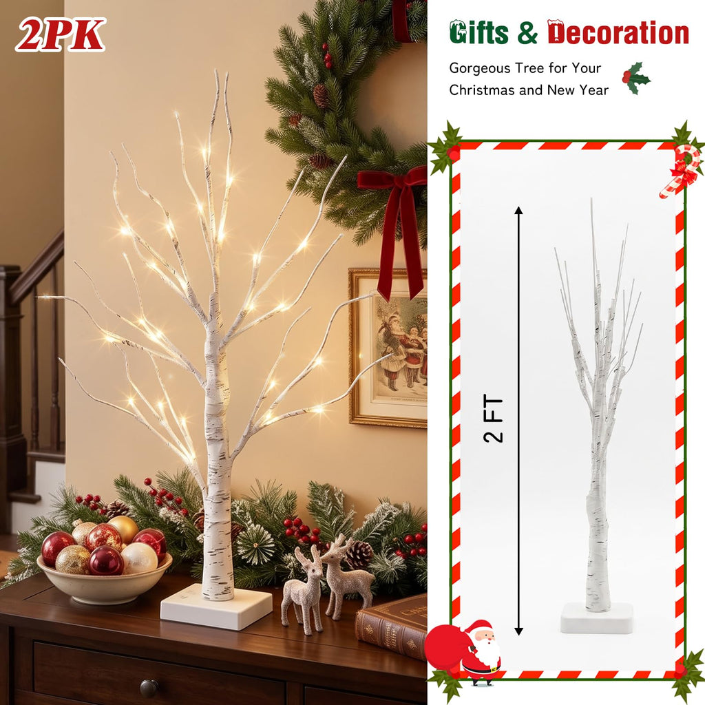 PEIDUO Christmas Decorations, 2FT Birch Tree with LED Lights, Warm White Light up Tree Lamp, Artificial Trees for Home Table Inside, Battery Powered, Timer (2PK)