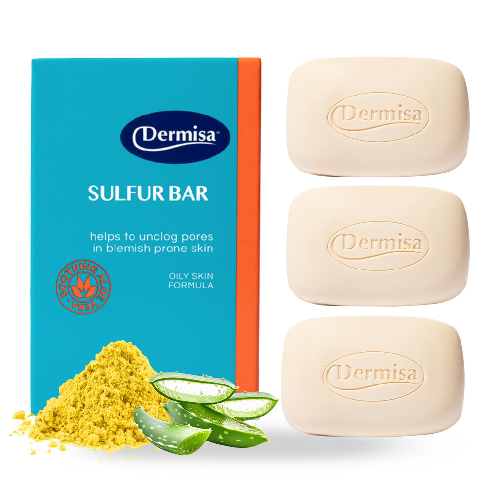 Dermisa Sulfur Bar Soap with Aloe Vera, Helps to Cleanse Oily Acne-Prone Skin and Unclog Pores, Contains Sulfur & Aloe Vera, No Parabens, No Animal Testing, 3 oz (Pack of 3)
