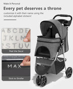 OS MOTOR Pet Stroller with 3 Wheels for Small/Medium Pets, Portable Travel Foldable Carrier Jogger for Dog Cat Puppy Kitty, Rear Wheel Breaks, Storage Basket, Visible Mesh with Weather Cover (Gray)