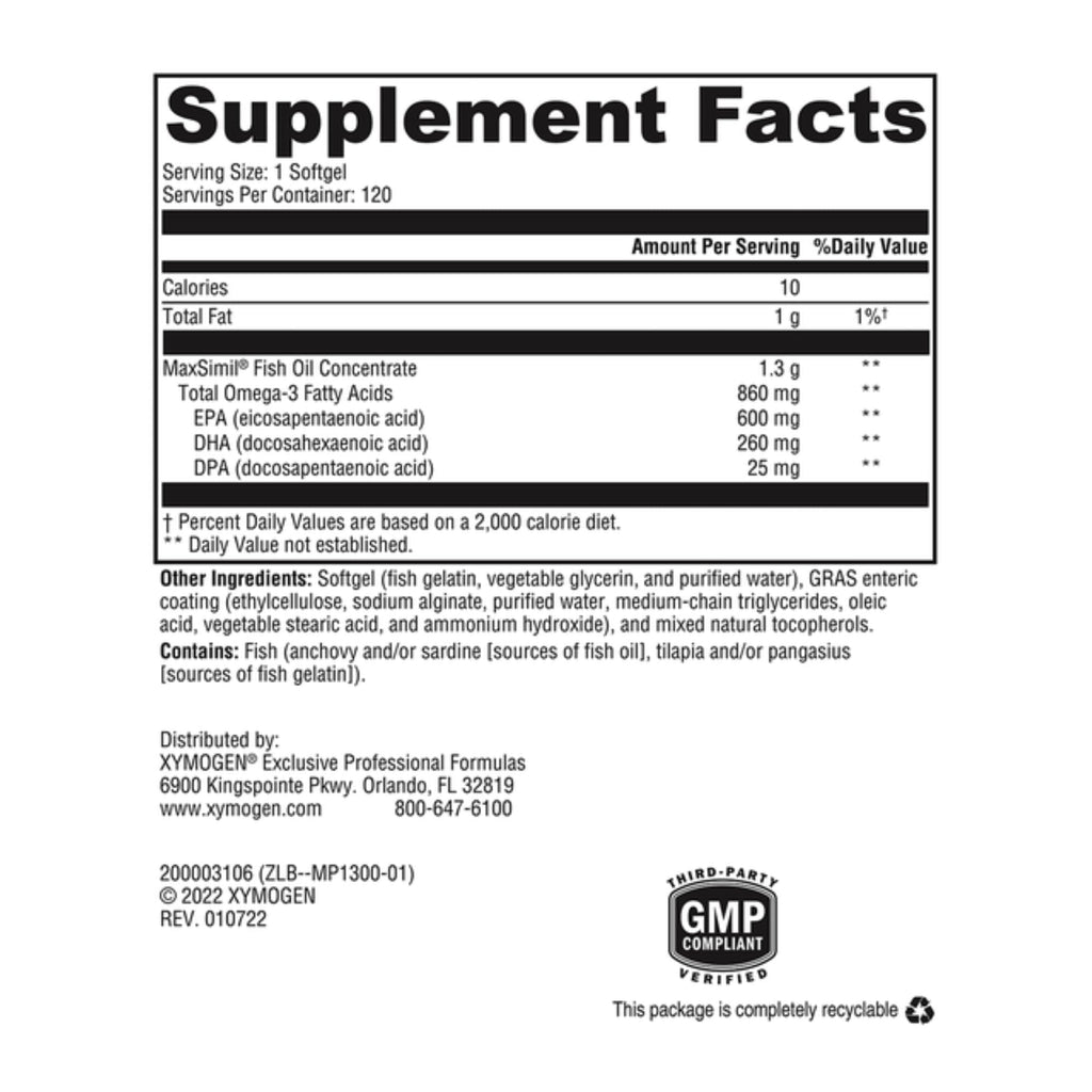 XYMOGEN Omega MonoPure 1300 EC - Heart & Brain Support - DHA & EPA Omega-3 Fish Oil - Monoglyceride High Absorption Softgels - Enteric Coated - 120 Softgels