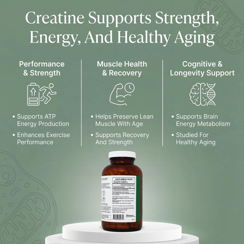 PRISTINE'S Creatine Monohydrate Capsules for Women & Men - NSF Certified 75 Day Supply 3G Muscle Growth Support Supplement - Cognitive & Athletic Performance Support - Enhanced Recovery