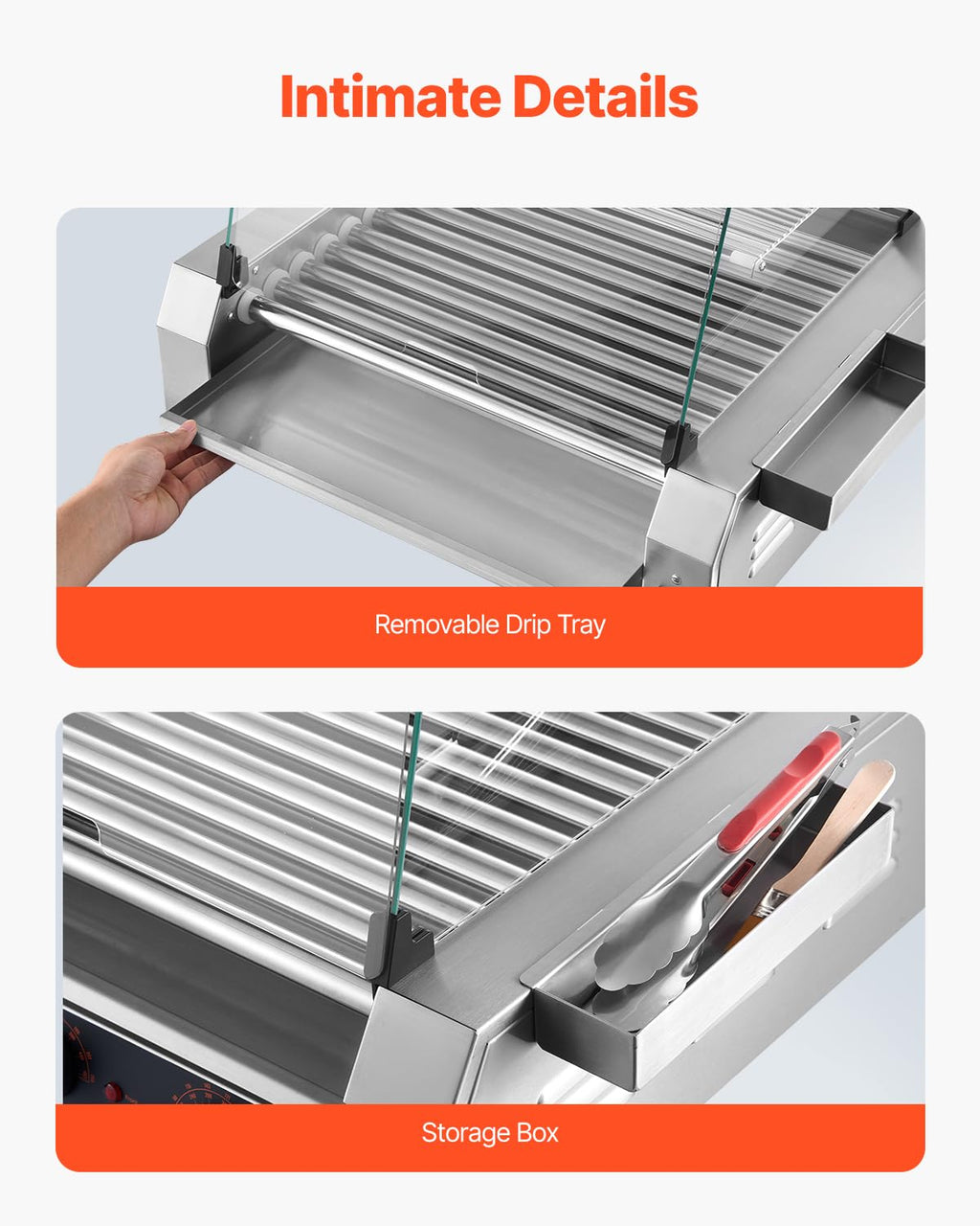 VEVOR Hot Dog Roller, 30 Hot Dog 11 Rollers, Stainless Steel Sausage Grill Cooker, 1600W Commercial Hot Dog Machine with Dual Temp Control, Cover, Side Storage Box, Removable Shelf & Oil Drip Tray