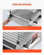 VEVOR Hot Dog Roller, 30 Hot Dog 11 Rollers, Stainless Steel Sausage Grill Cooker, 1600W Commercial Hot Dog Machine with Dual Temp Control, Cover, Side Storage Box, Removable Shelf & Oil Drip Tray