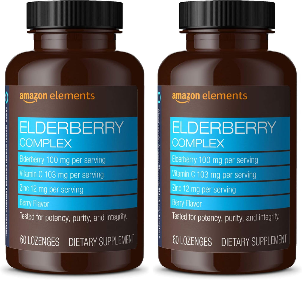 Amazon Elements Elderberry Complex, Immune System Support, 60 Berry Flavored Lozenges, Elderberry 100mg, Vitamin C 103mg, Zinc 12mg per Serving (Packaging May Vary) (Pack of 2)