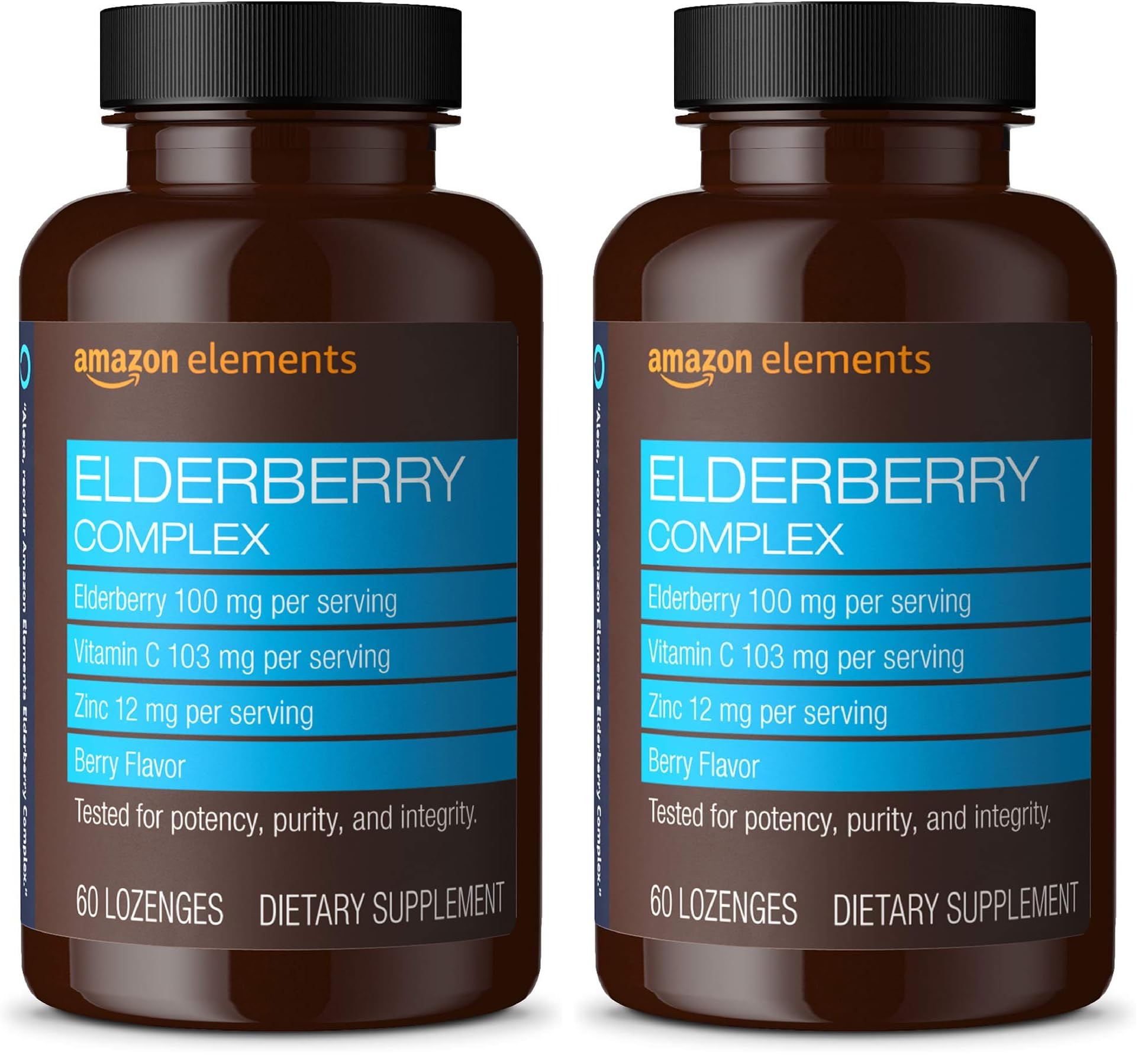 Amazon Elements Elderberry Complex, Immune System Support, 60 Berry Flavored Lozenges, Elderberry 100mg, Vitamin C 103mg, Zinc 12mg per Serving (Packaging May Vary) (Pack of 2)
