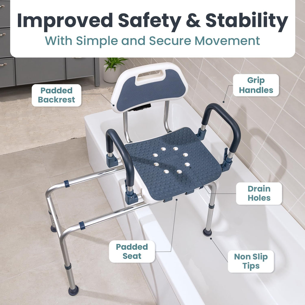Sliding Shower Chair Tub Transfer Bench with Swivel Seat, Shower Bench for Elderly and Disabled, with Security Belt, 360 Rotation, Slides and Rotates, Adjustable,one Touch Slide Button, Dark Blue