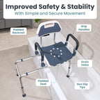 Sliding Shower Chair Tub Transfer Bench with Swivel Seat, Shower Bench for Elderly and Disabled, with Security Belt, 360 Rotation, Slides and Rotates, Adjustable,one Touch Slide Button, Dark Blue