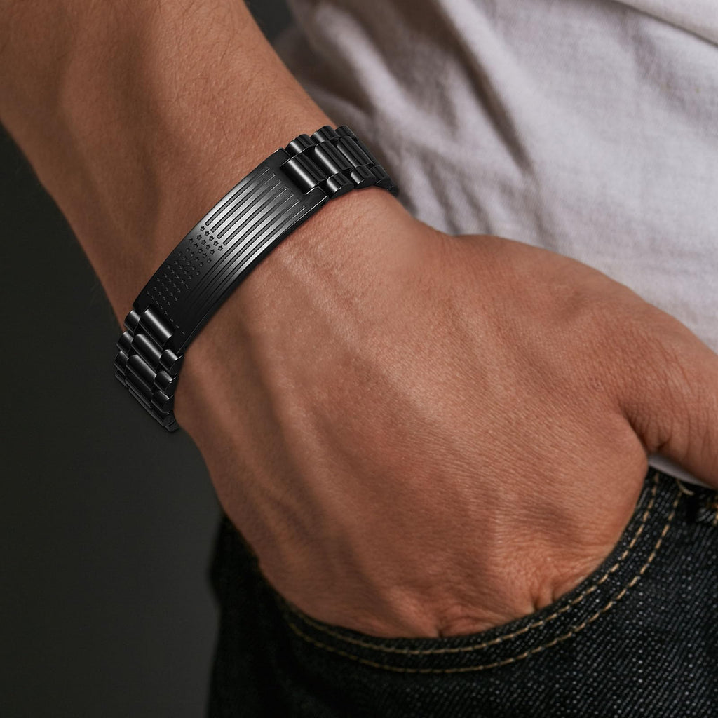 P.BLAKE Straps Watch Band Link Bracelet for Men, Stainless Steel Engraved American Flag Bible Verse Lord’s Prayer Christian Easter Anniversary Jewelry Gift for Dad Son Husband Boyfriend Him