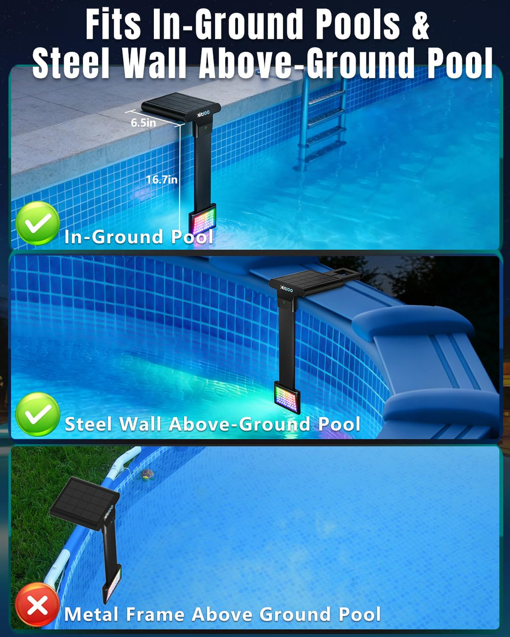 2026 Upgrade Solar Pool Lights Only for Inground Pool & Steel Wall Above Ground Pool, IP68 Waterproof, 17 Lighting, 6800mAh, Underwater Submersible Pool Lights with Remote, for Pool Party(1 Pack)
