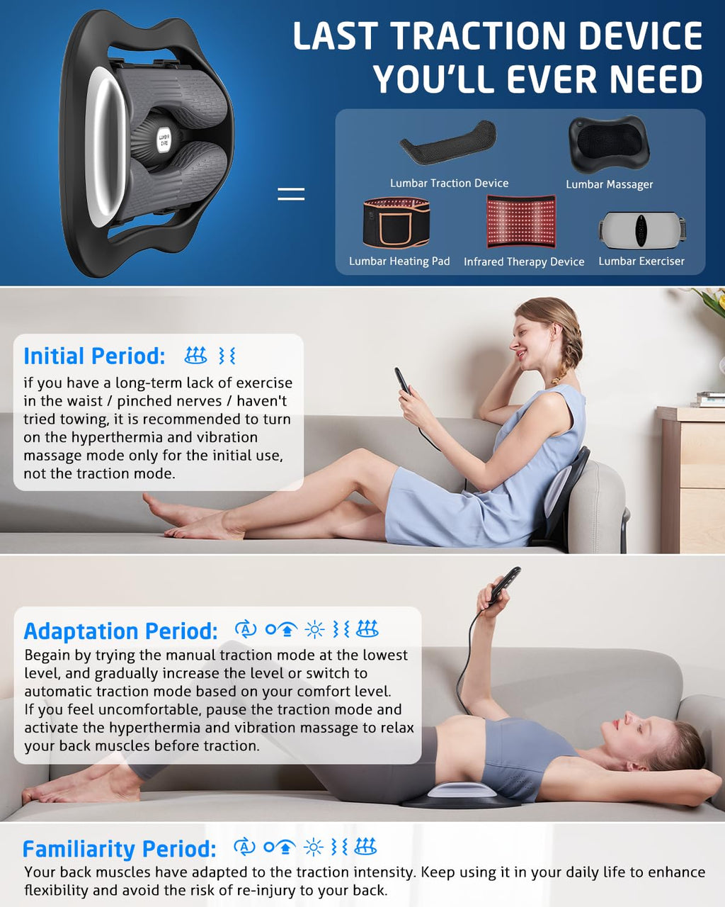 Lower Back Stretching Massager, Electric Lumbar Traction Device with Dynamic Stretching, Adjustable Temperature (104°F - 118.4°F), Vibration Massage - For the Lumbar Spine & Relieving Lower Back Pain