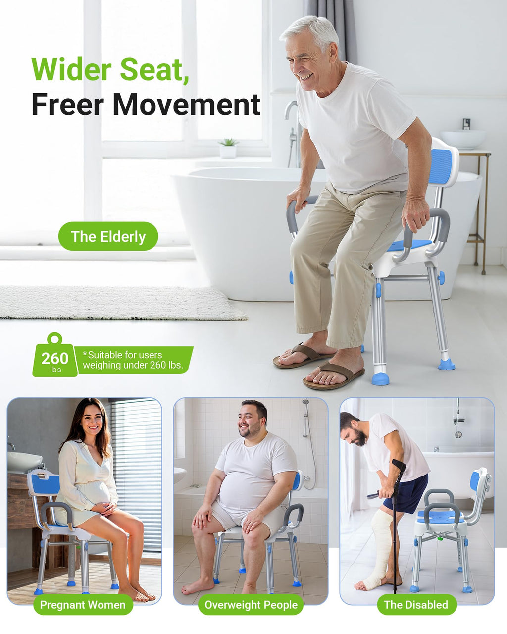 Ergonomic H-Shaped Shower Chair for Elderly and Disabled with Padded Back & Arms,500 lbs Heavy Duty Adjustable Shower Stool Seat for Easy Cleaning, Anti-Slip Bath Chairs for Bathtub