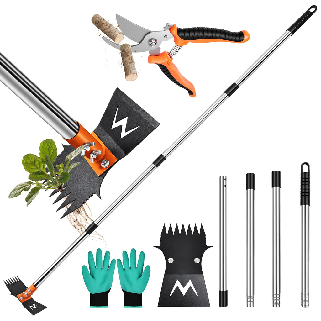 Garden Hoe & Weed Puller Tool with Long Handle, 60 Inch,Manual Weed Remover Tool, 3-in-1 Weed Rake & Grabber & Pruning Shears, Dandelion Gardenia Heavy Duty Uprooting Tool for Yard, Lawn and Garden