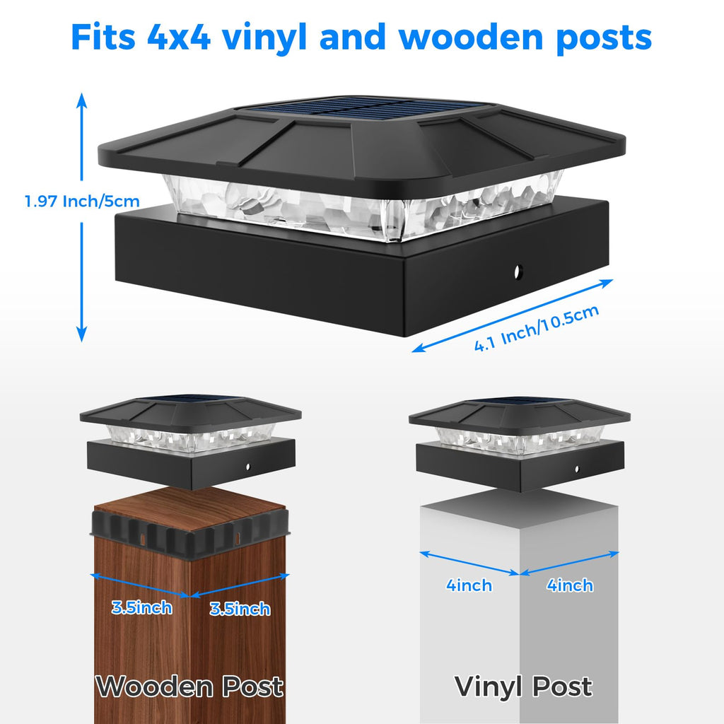 Peasur 4x4 Solar Post Cap Lights Outdoor with 3 Modes, 4 Packs LED Post Light Solar Powered Waterproof, 4x4/3.5×3.5 Wood/Vinyl Fence Posts Lights for Deck Railing Porch Mailbox Outside