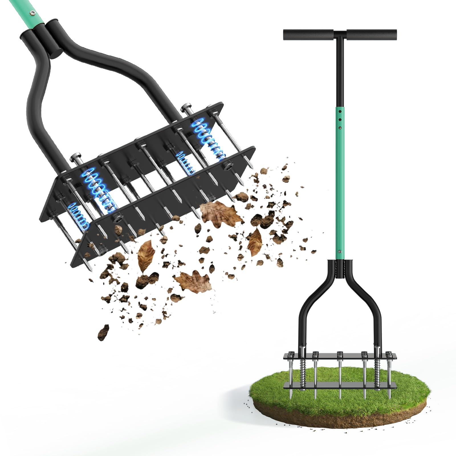 Lawn Aerator Tool with Dual-Layer Self-Cleaning Spikes, 15 Spike Heavy Duty Manual Lawn Aerator for Compact Soil, Anti-Clog Grass Aerator for Yard, Garden & Lawn Care