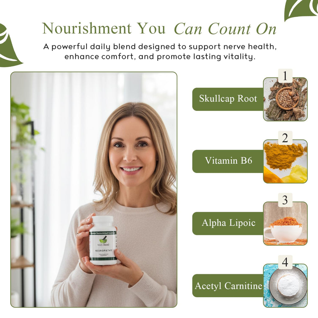 Neuropathy - Natural Blend for Optimal Nerve Pain Relief & Wellness, Alpha Lipoic Acid, L-Carnitine, Vitamins B6 & B12, Skullcap Root, Acetyl L-Carnitine Neuropathy Supplements 30 Capsules (Pack of 1)