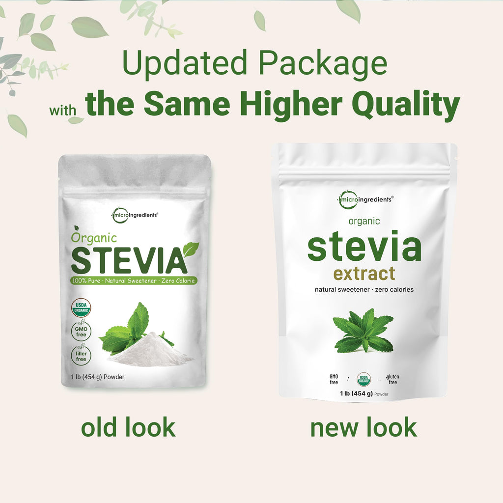 Micro Ingredients Pure Organic Stevia Powder, 1 Pound, 2,837 Servings, Highest Grade Stevia Green Leaf Extract Reb-A, Reduced Bitter Aftertaste, 0 Calorie, Natural Sweetener, Sugar Alternative, Keto Friendly