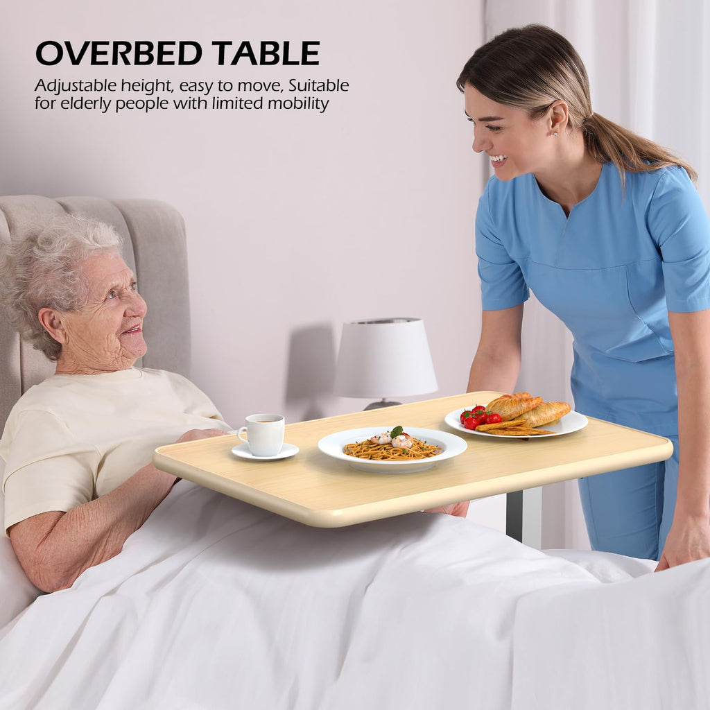 WOTURE Adjustable Overbed Table with Wheels, Bedside Rolling Table, Pneumatic Height Adjustment, Hospital Bed Table on Wheels, Standing Desk, Bedridden & Mobility Needs, Maple
