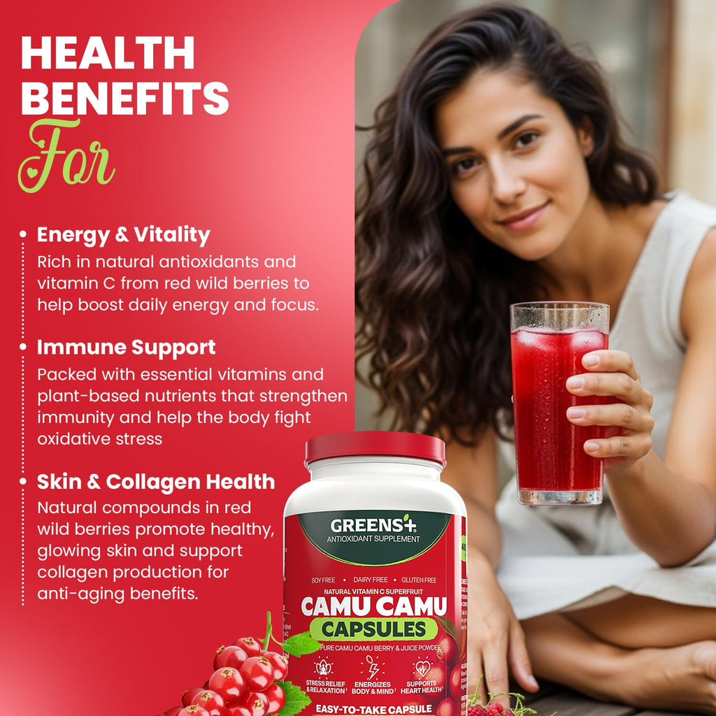 Greens+ SuperFruit Supplement, Amazon Camu Berry with Vitamins & Minerals, High ORAC Antioxidants, 400mg Natural Vitamin C, 120 Veggie Capsules