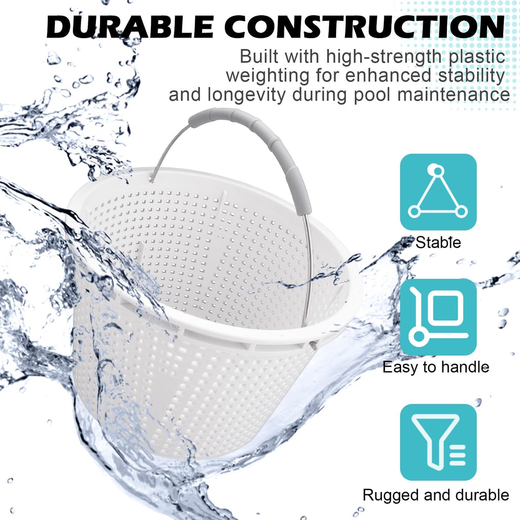 8" Pool Skimmer Basket for Inground Pool Compatible with Pentair U-3 Skimmer Basket 08650-0007 and Hayward SP1070 SPX1070E Pool Basket ，Stainless Steel Handle，Rubber Grip & Built in weighting，White