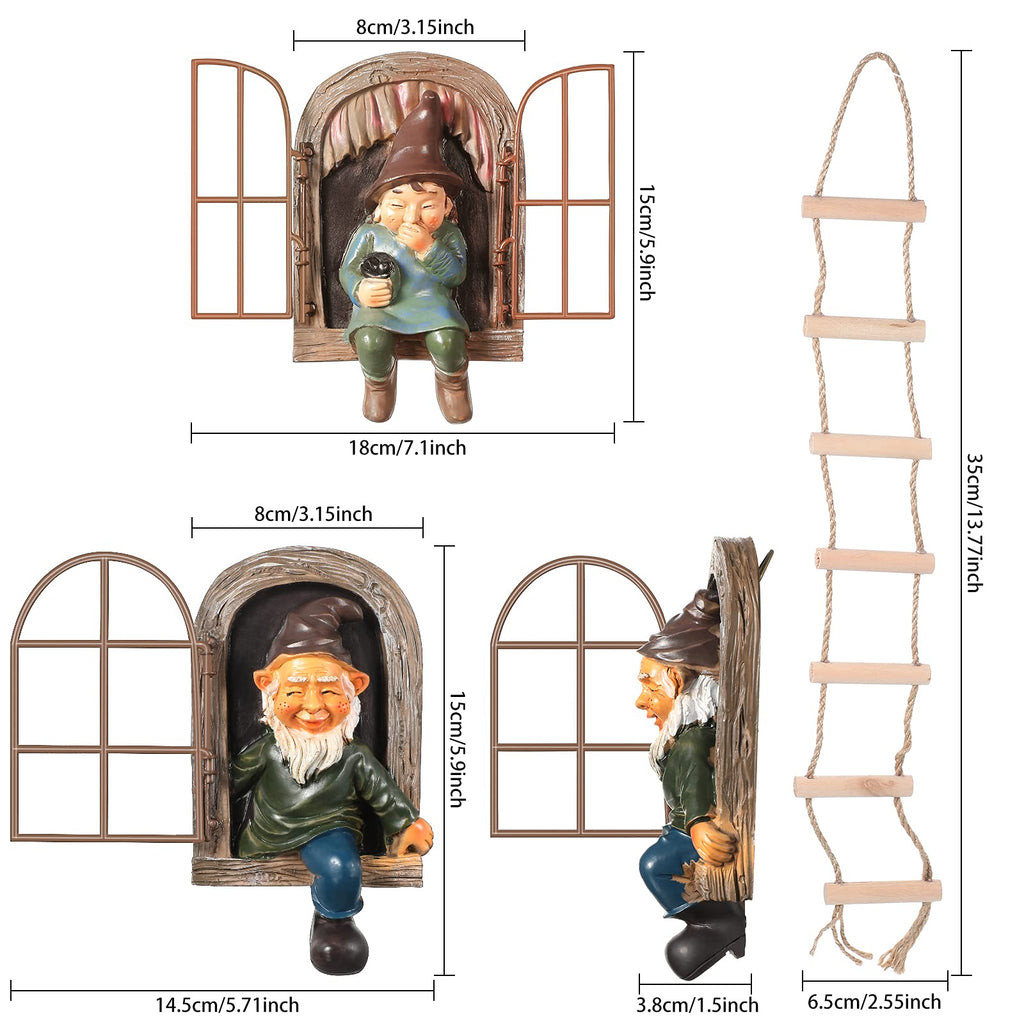 Thyle 4 Pieces Garden Gnomes Outdoor Tree Hugger Gnome Fairy Statue Elf Out the Door Resin Figurine Hanging Ladder Decoration Tree Faces Decor Outdoor for Patio Yard Lawn(Rustic Style)