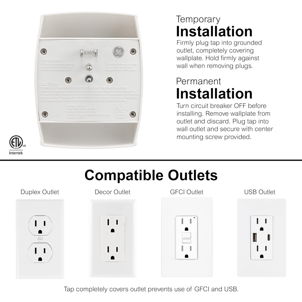 GE 6-Outlet Extender Wall Tap, 5 Pack, Grounded Adapter, Outlet Splitter, Charging Station, 3-Prong, Plug Adapter, Secure Install, Cruise Essentials, ETL Listed, White, 54853